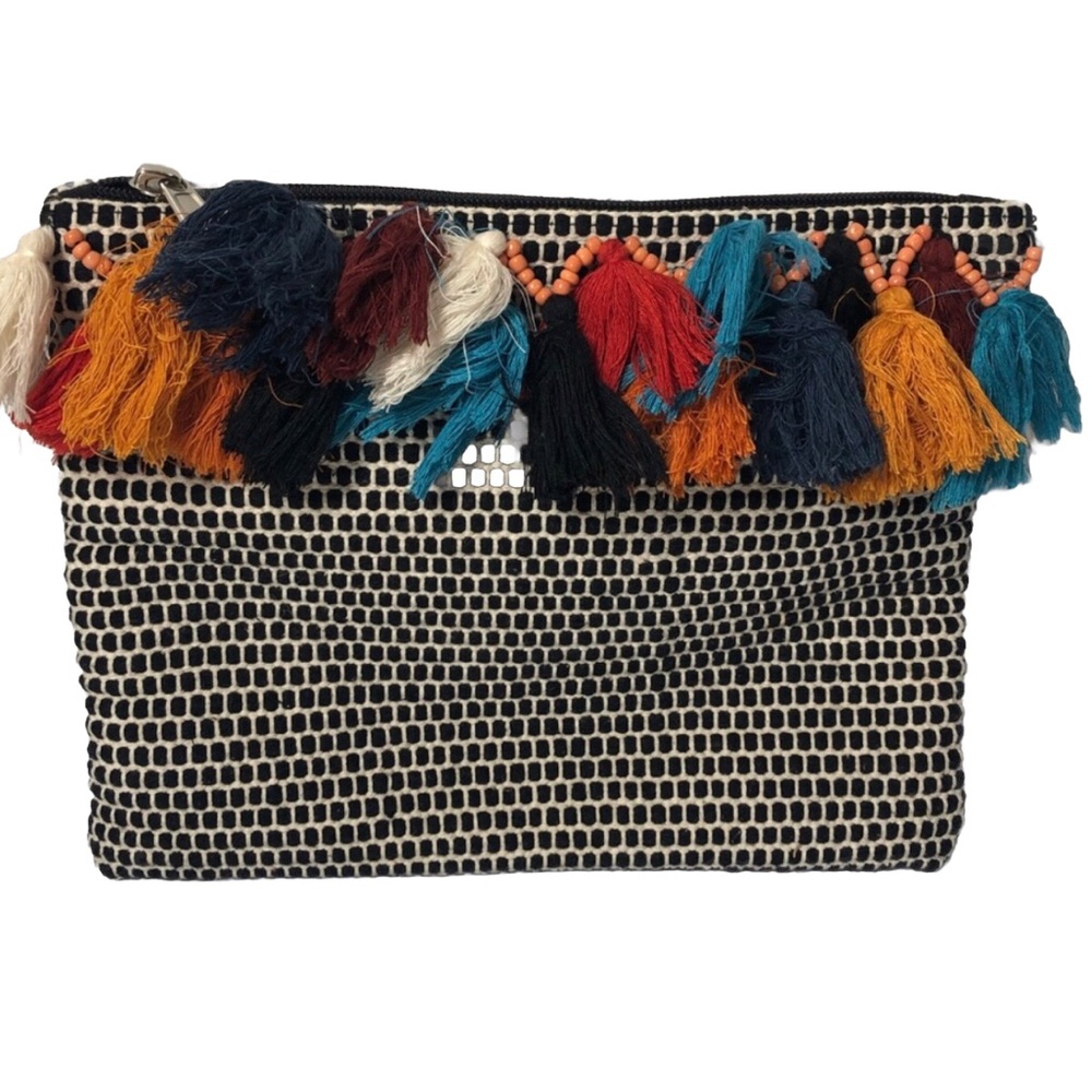 Shiraleah tassel cotton clutch bag. Made in India.